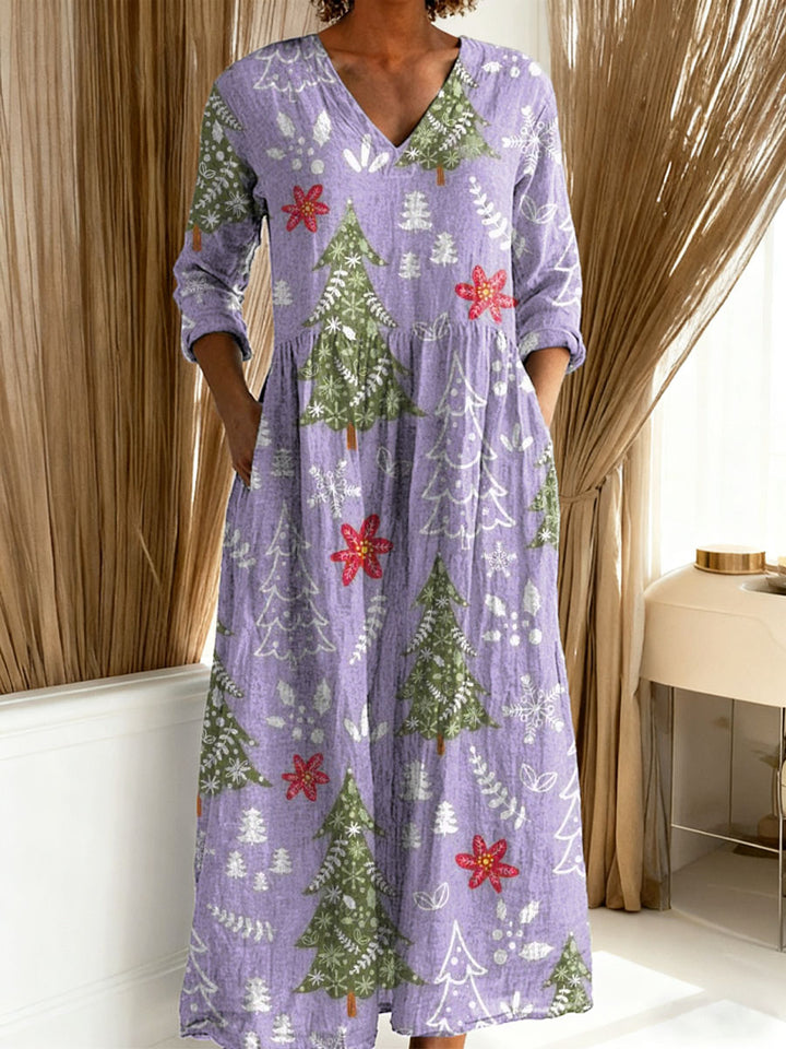 Women’s Christmas Dress with Tree and Floral Design | Maxi