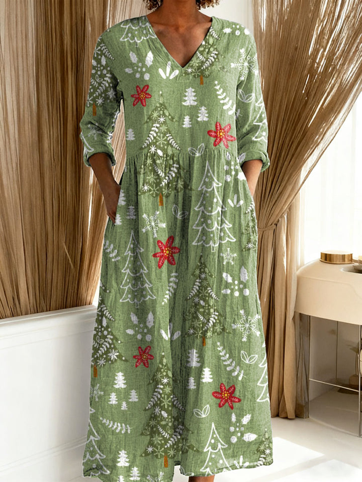Women’s Christmas Dress with Tree and Floral Design | Maxi