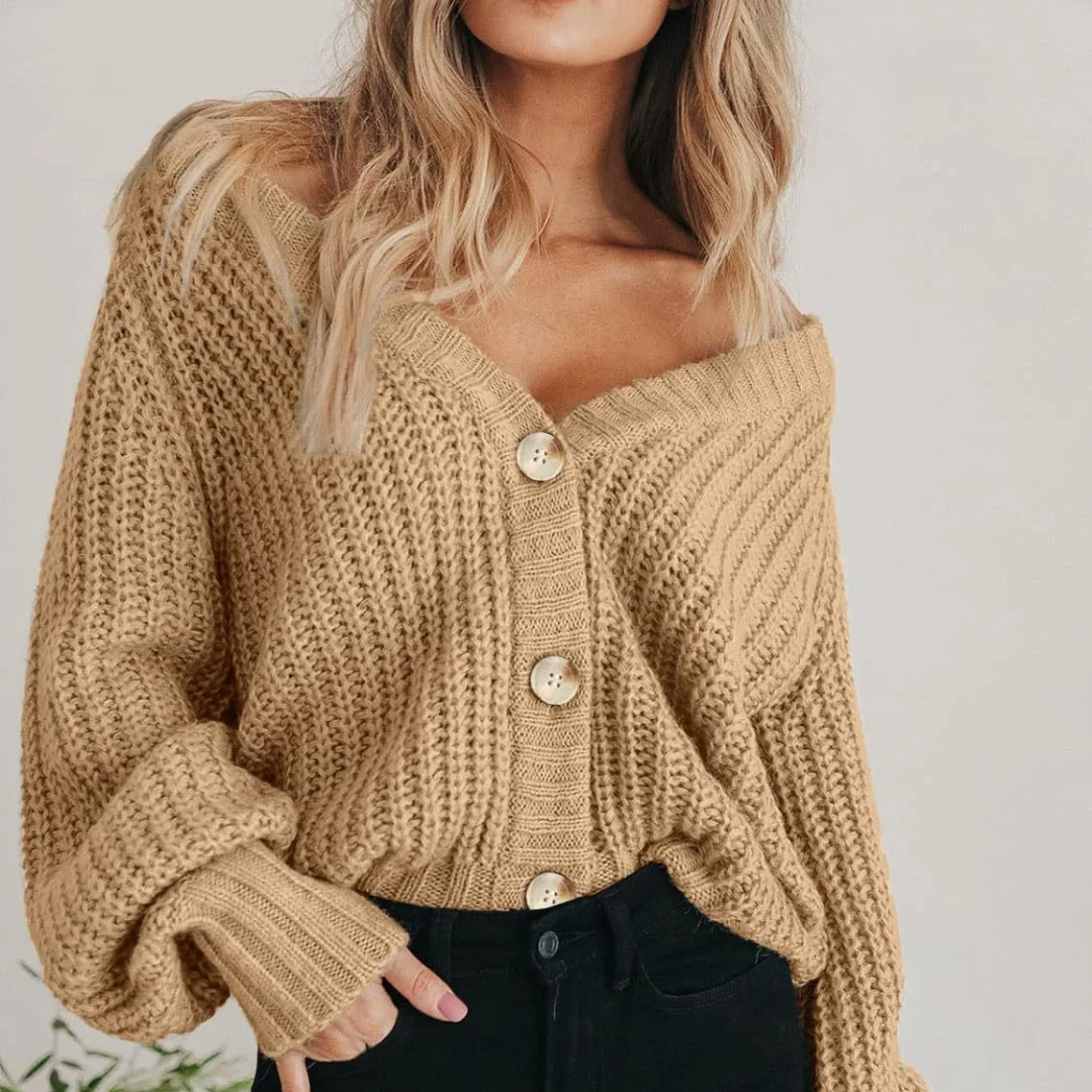 Women's Chunky Cardigan Knit Oversized with Balloon Sleeve | V-Neck