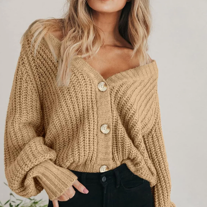 Women's Chunky Cardigan Knit Oversized with Balloon Sleeve | V-Neck