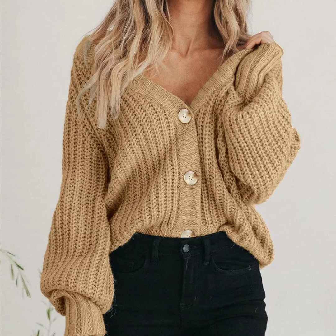 Women's Chunky Cardigan Knit Oversized with Balloon Sleeve | V-Neck