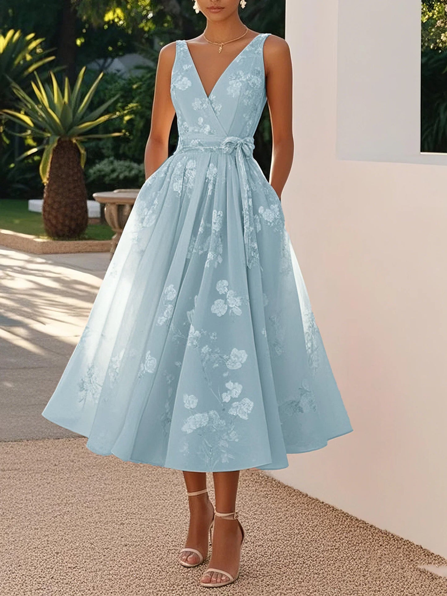 Women's Cocktail Dress V-Neck Waist Bow | Midi