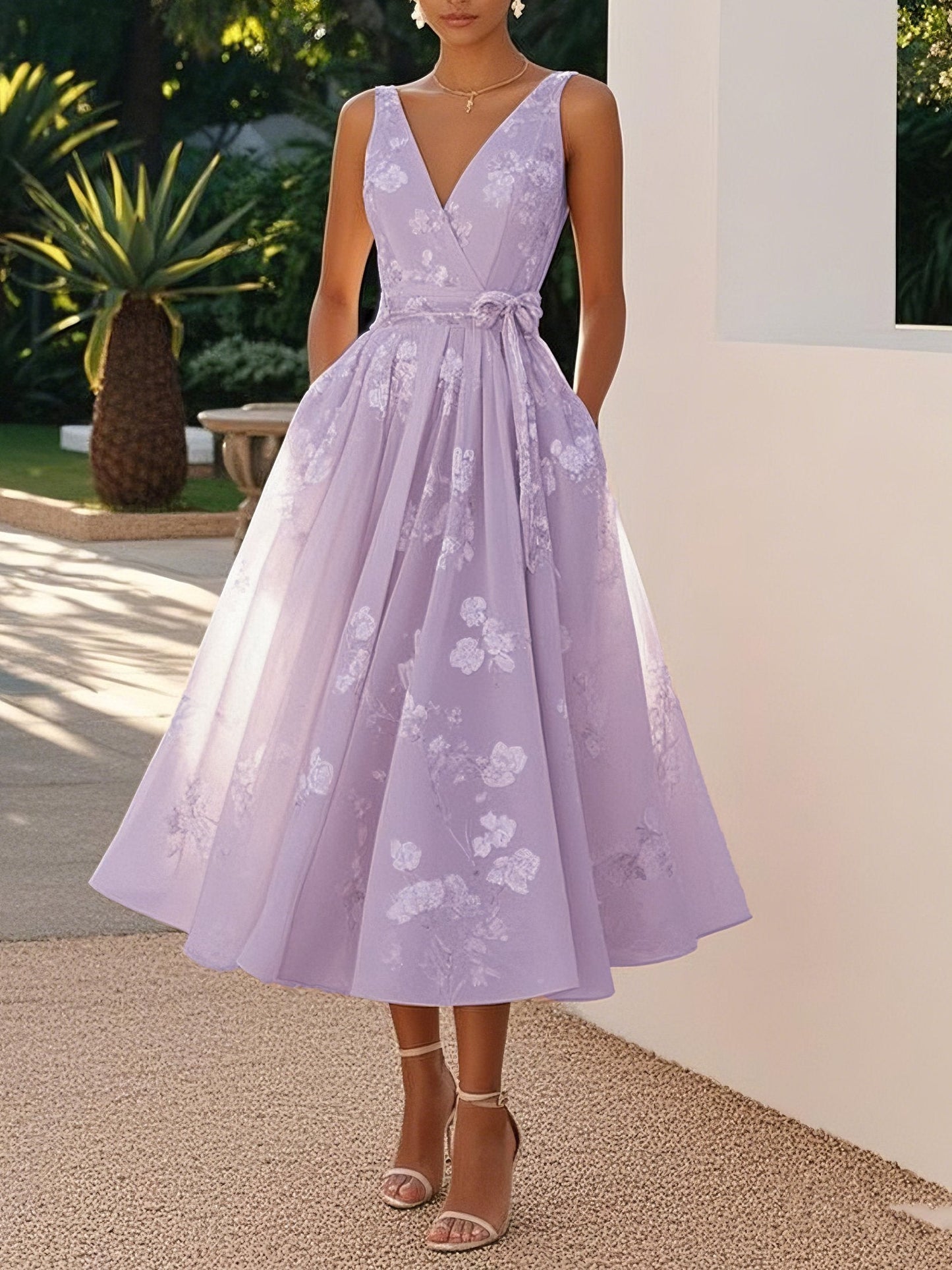 Women's Cocktail Dress V-Neck Waist Bow | Midi