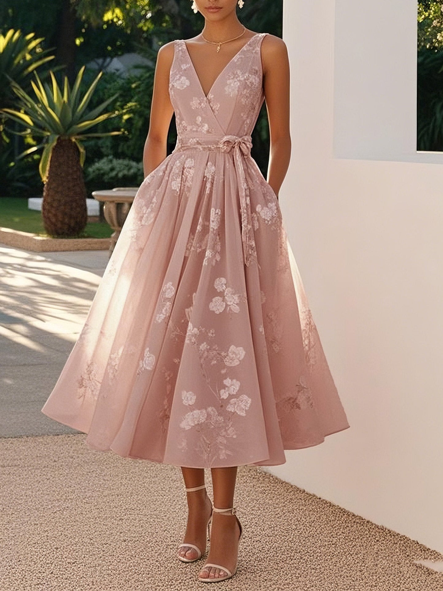 Women's Cocktail Dress V-Neck Waist Bow | Midi