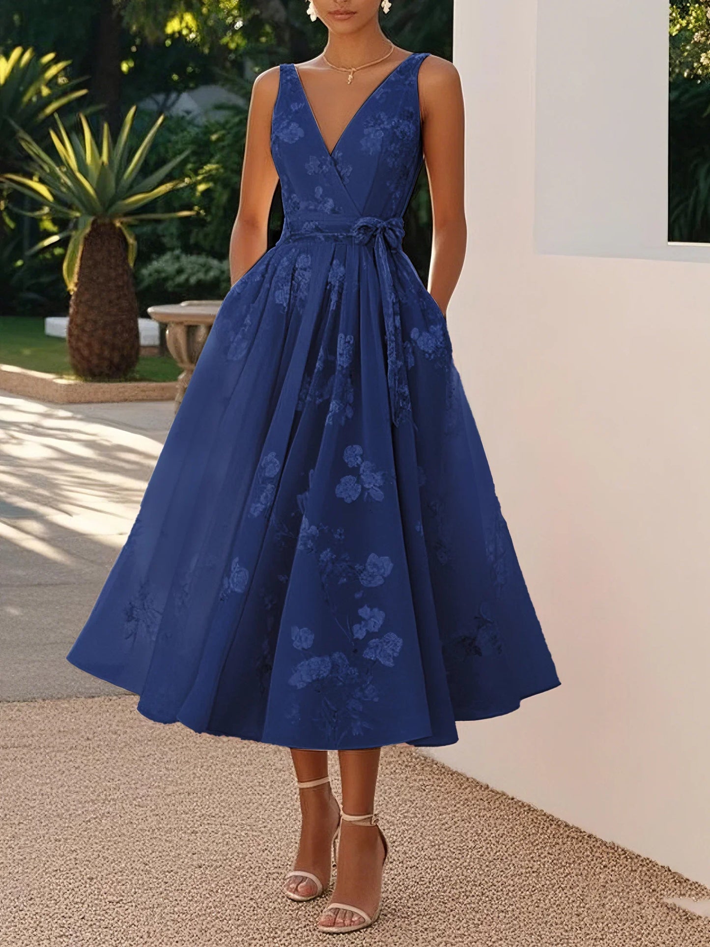 Women's Cocktail Dress V-Neck Waist Bow | Midi