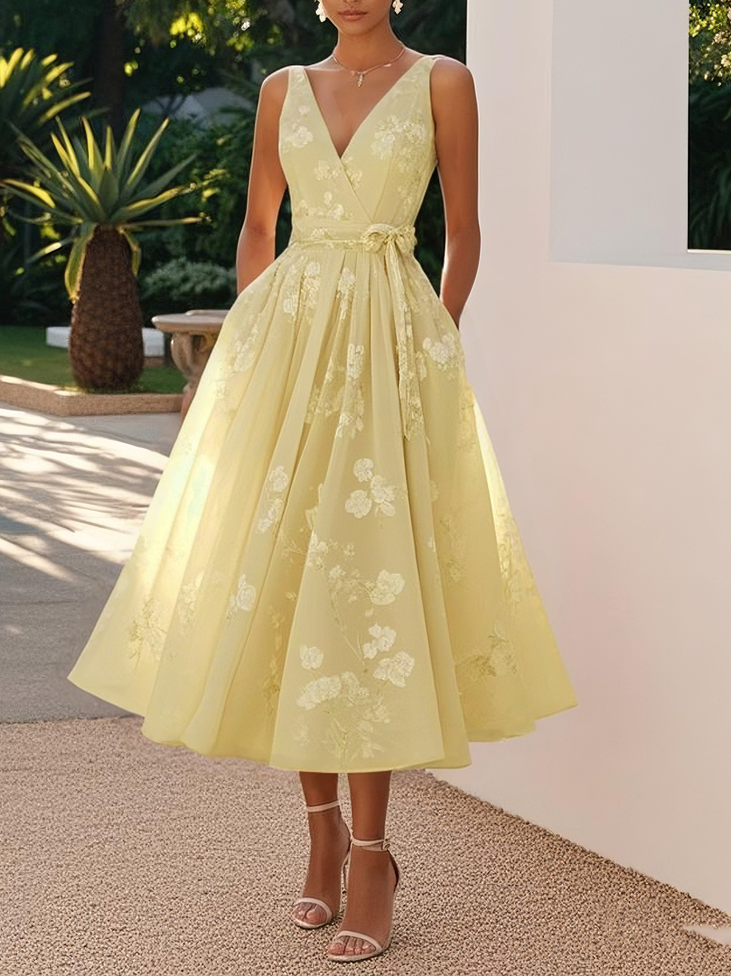 Women's Cocktail Dress V-Neck Waist Bow | Midi