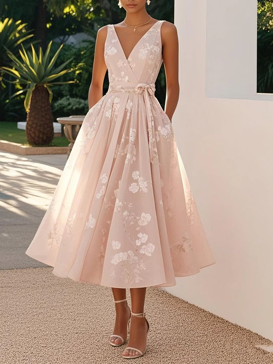 Women's Cocktail Dress V-Neck Waist Bow | Midi