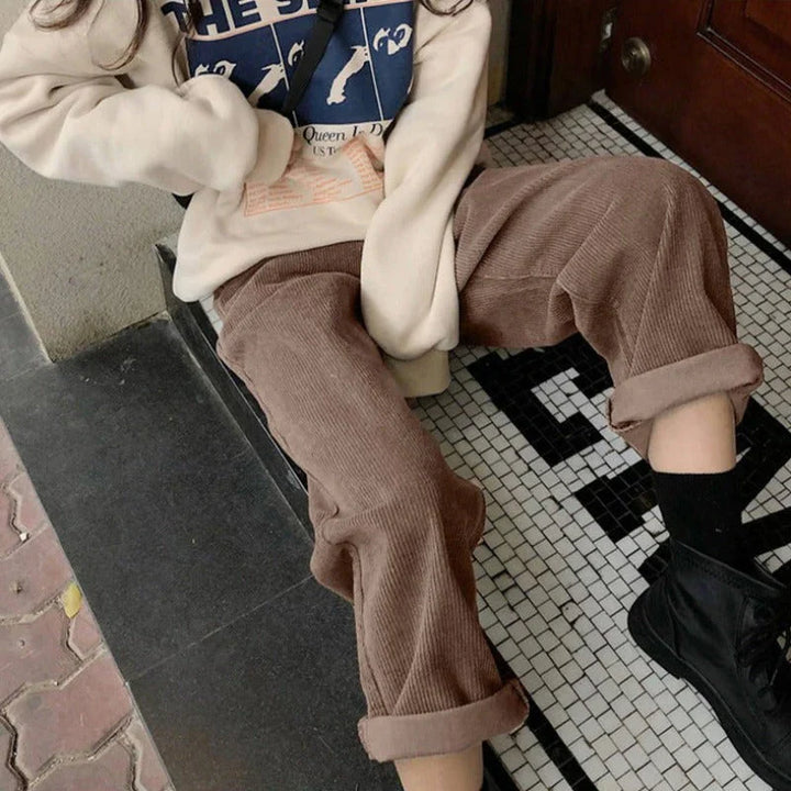 Women's Corduroy Pants with High Waist & Pockets | Straight Leg