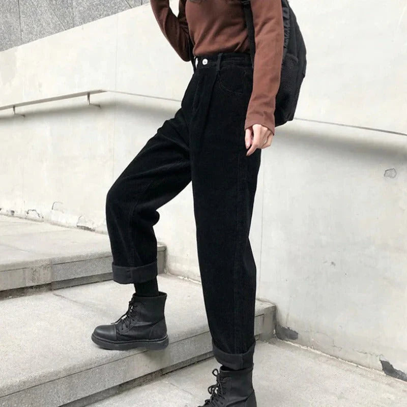 Women's Corduroy Pants with High Waist & Pockets | Straight Leg
