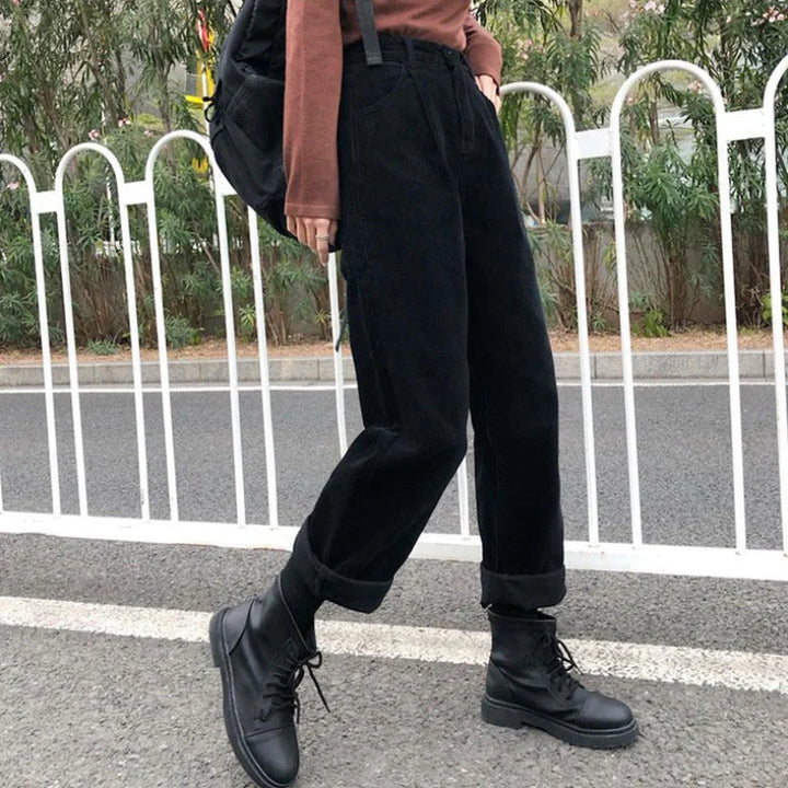 Women's Corduroy Pants with High Waist & Pockets | Straight Leg