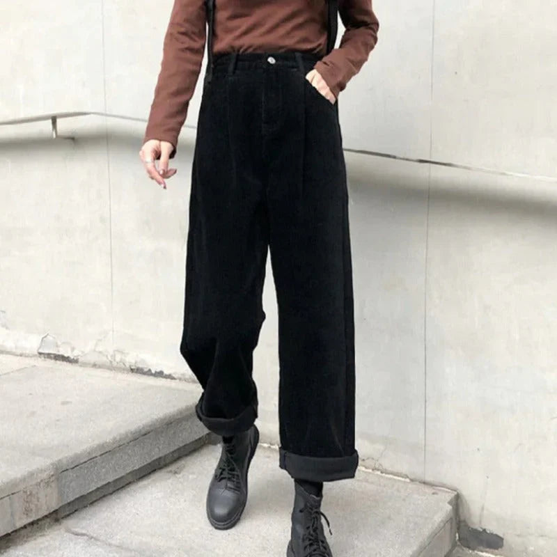 Women's Corduroy Pants with High Waist & Pockets | Straight Leg
