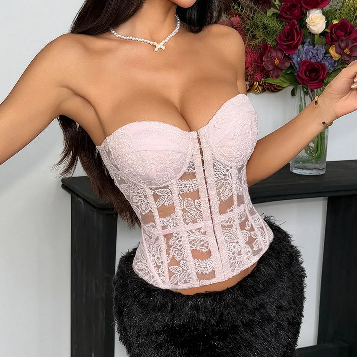 Women's Corset Top with Embroidered Mesh & Hook Front | Strapless