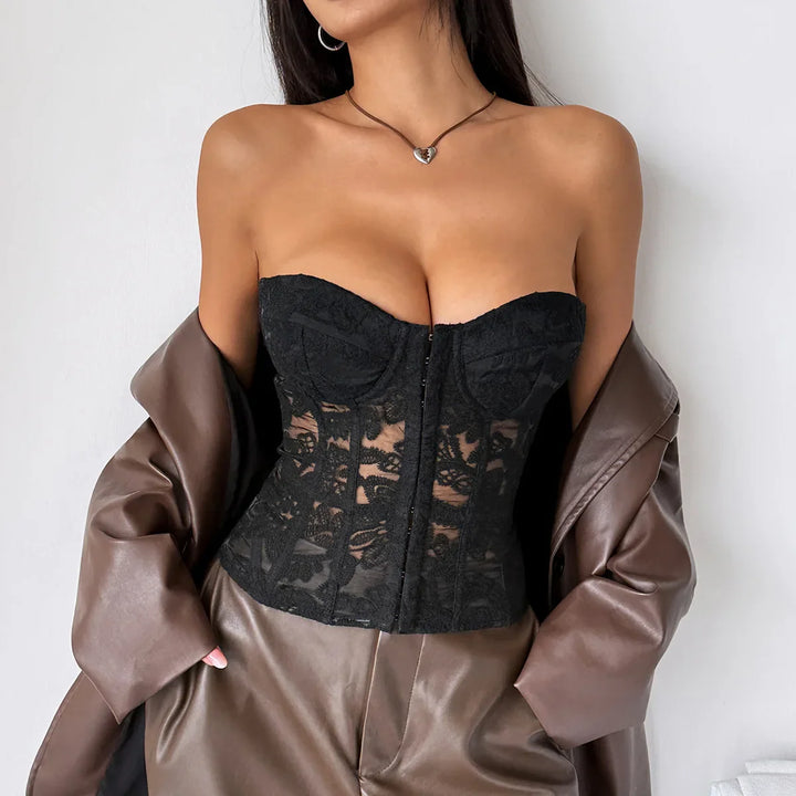 Women's Corset Top with Embroidered Mesh & Hook Front | Strapless