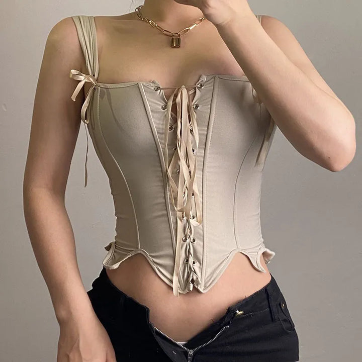 Women's Corset Top with Lace Up Front & Tie Straps | Crop