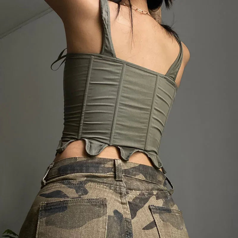 Women's Corset Top with Lace Up Front & Tie Straps | Crop