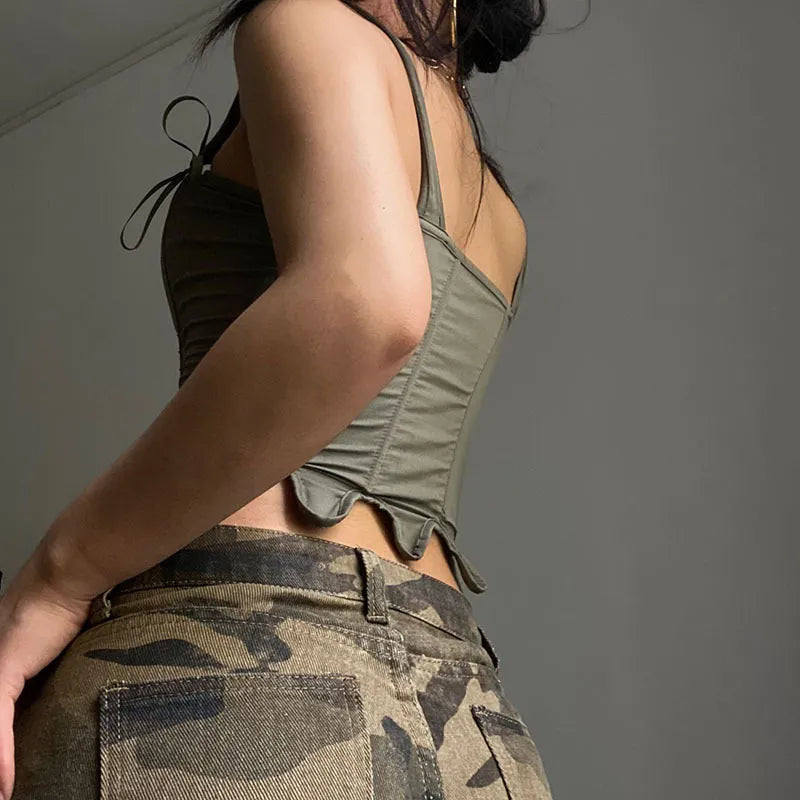 Women's Corset Top with Lace Up Front & Tie Straps | Crop