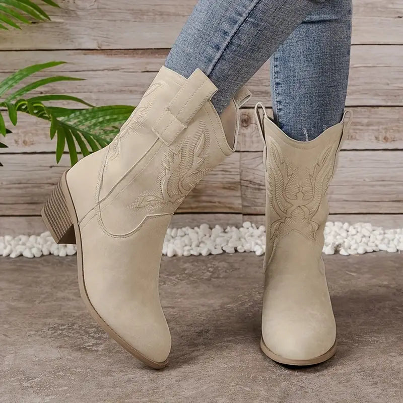 Women's Cowgirl Boots Ankle Embroidered | Block Heel