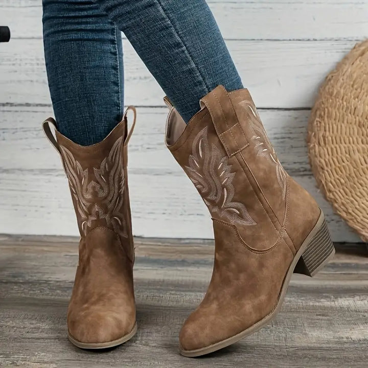 Women's Cowgirl Boots Ankle Embroidered | Block Heel