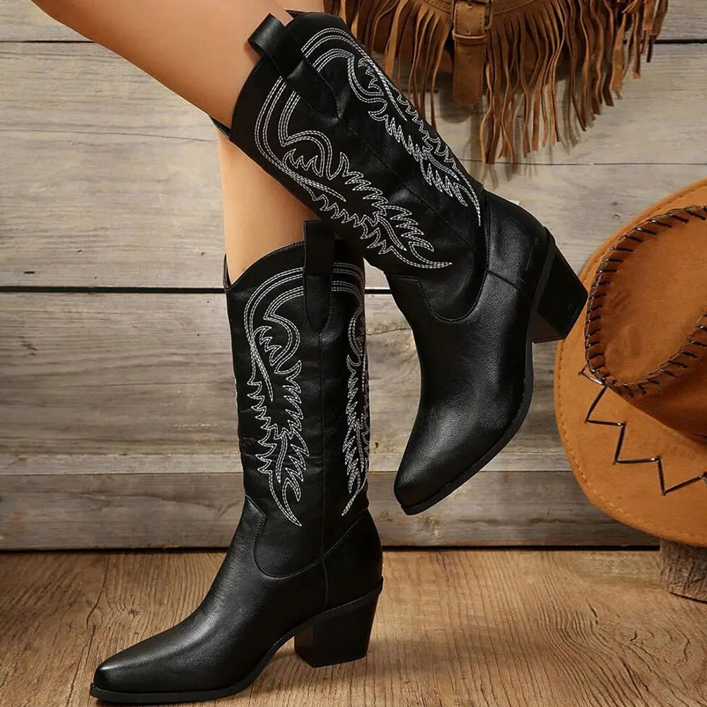 Women's Cowgirl Boots with Embroidered Design & Block Heel | Pointed Toe