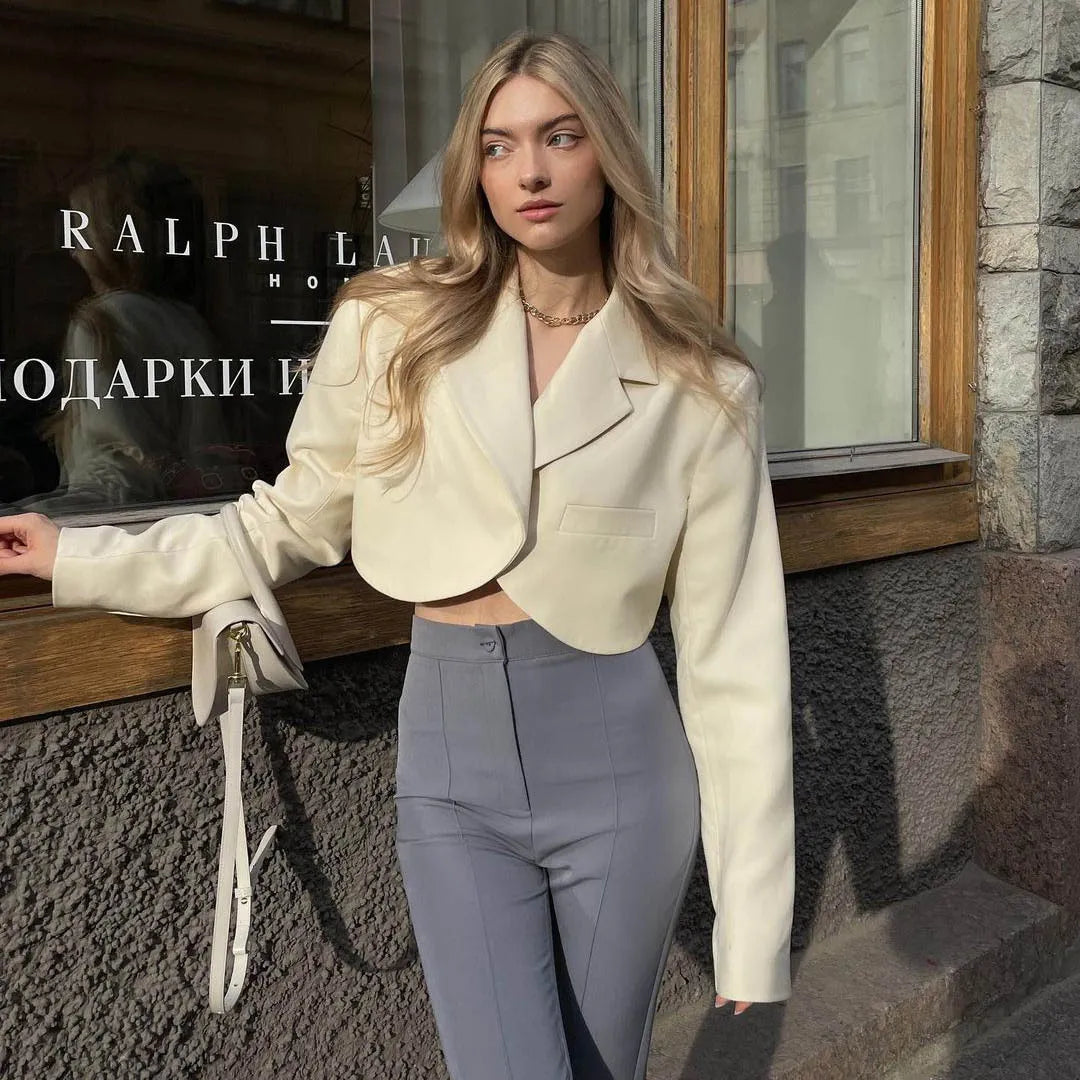 Women's Cropped Blazer with Curved Hem | Notched Collar