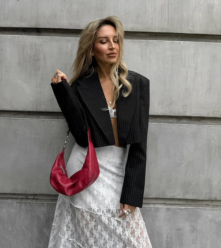 Women's Cropped Blazer with Pinstripe Print & Peak Lapel |  Open Front