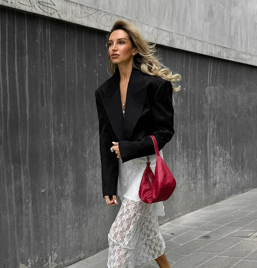 Women's Cropped Blazer with Pinstripe Print & Peak Lapel |  Open Front