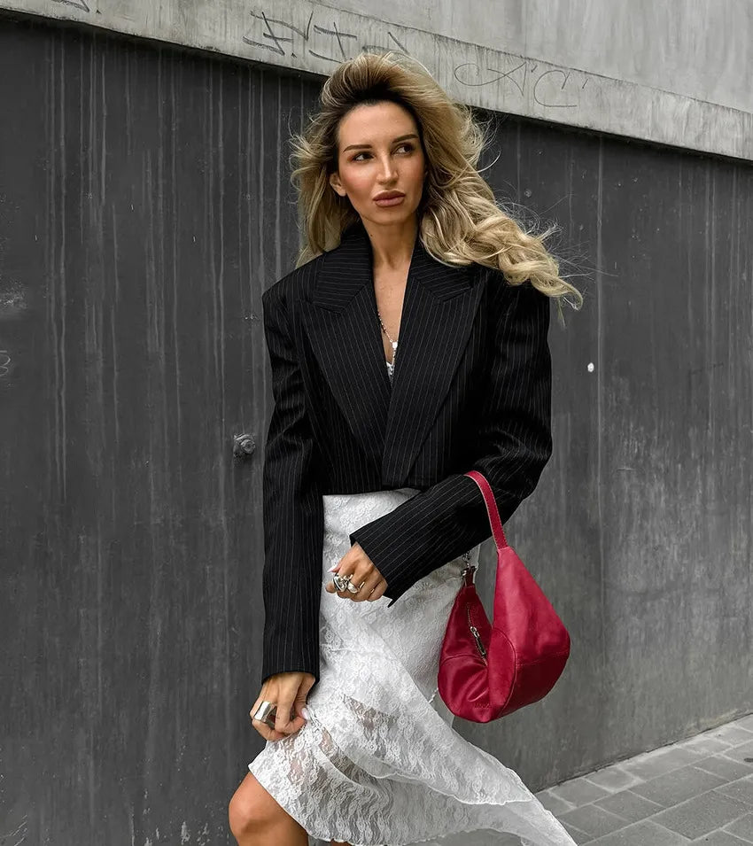 Women's Cropped Blazer with Pinstripe Print & Peak Lapel |  Open Front