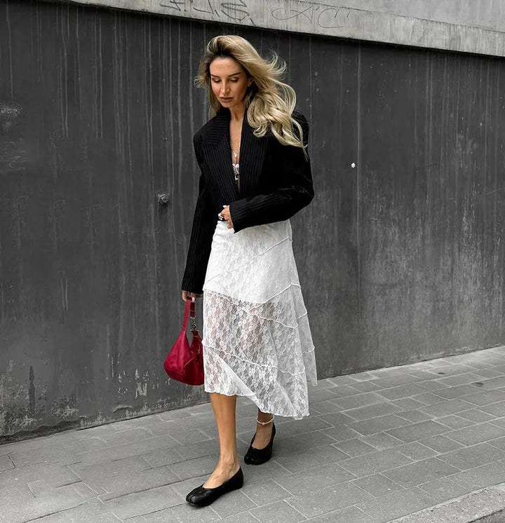 Women's Cropped Blazer with Pinstripe Print & Peak Lapel |  Open Front