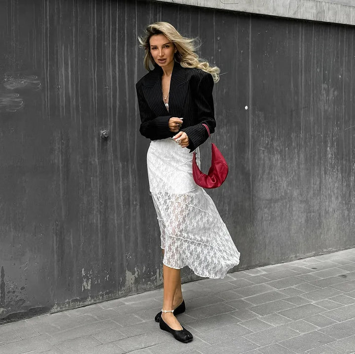 Women's Cropped Blazer with Pinstripe Print & Peak Lapel |  Open Front