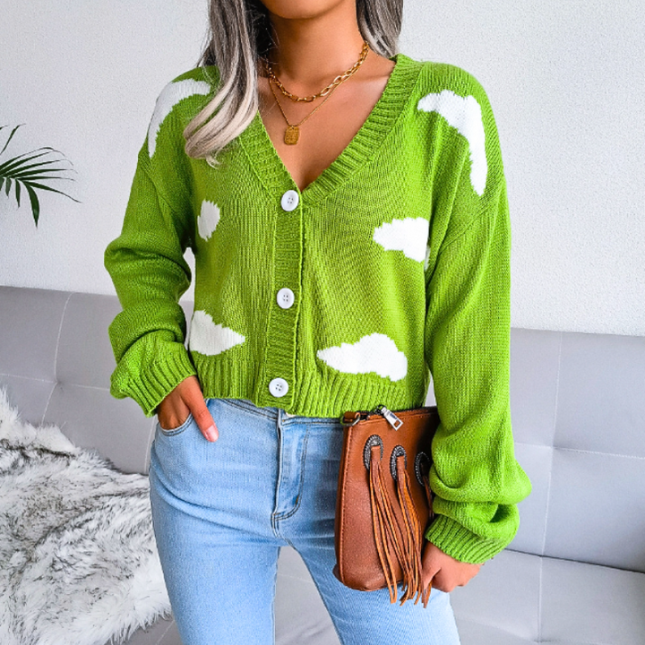 Women's Cropped Knit Cardigan with Cloud Print | Button Up V-Neck