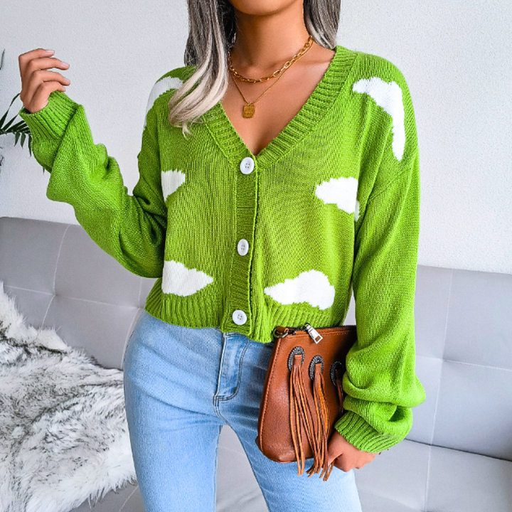 Women's Cropped Knit Cardigan with Cloud Print | Button Up V-Neck