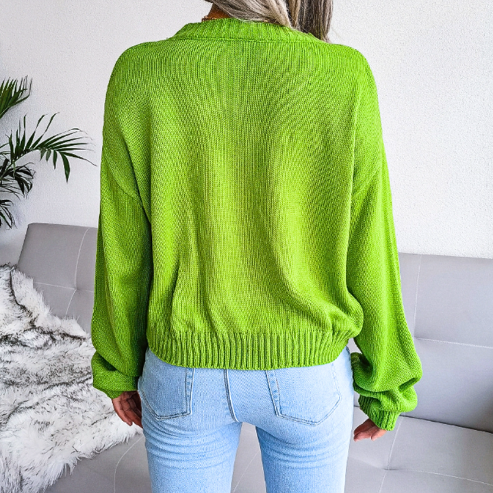 Women's Cropped Knit Cardigan with Cloud Print | Button Up V-Neck