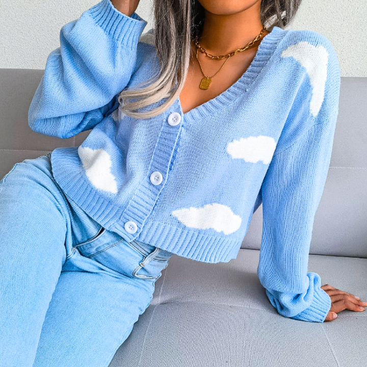 Women's Cropped Knit Cardigan with Cloud Print | Button Up V-Neck