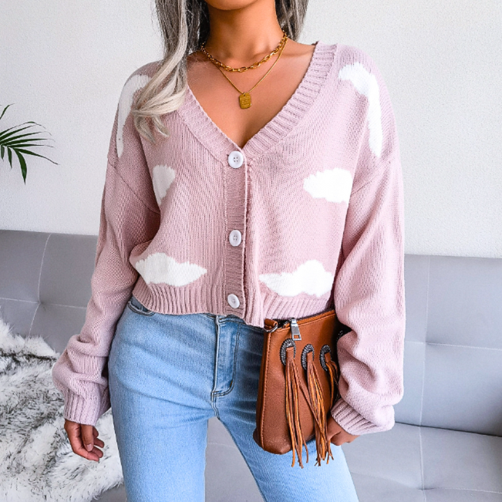 Women's Cropped Knit Cardigan with Cloud Print | Button Up V-Neck