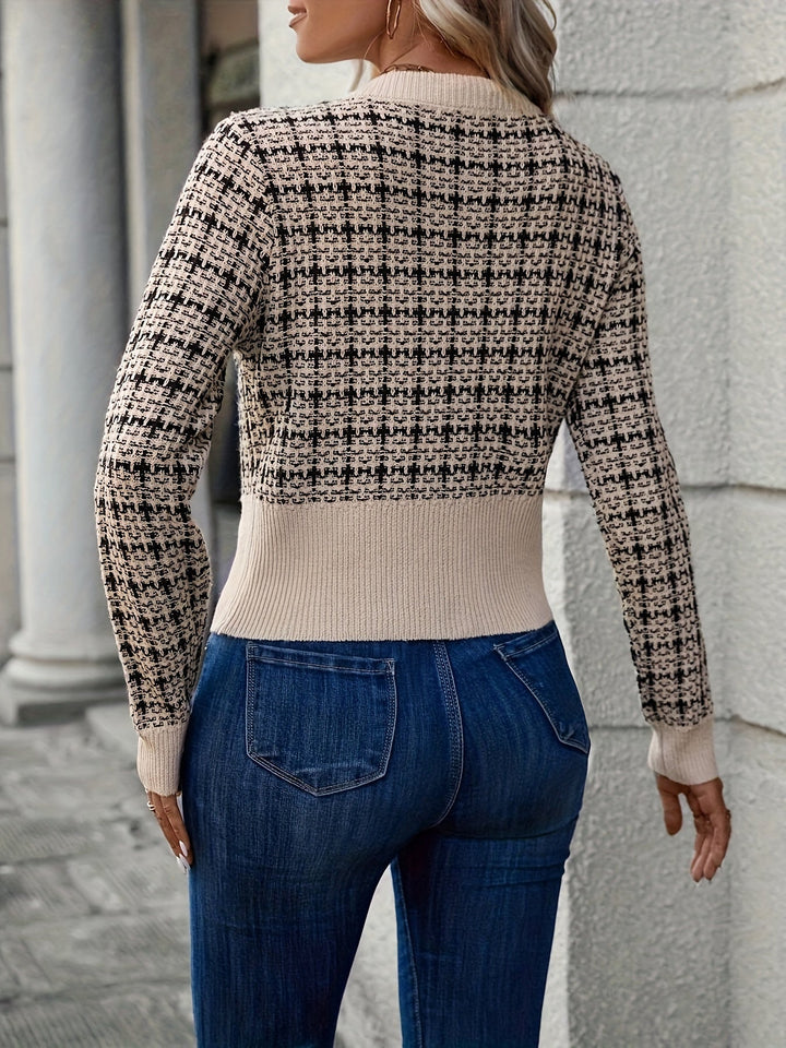 Women's Cropped Knit Cardigan with Houndstooth | Button Up