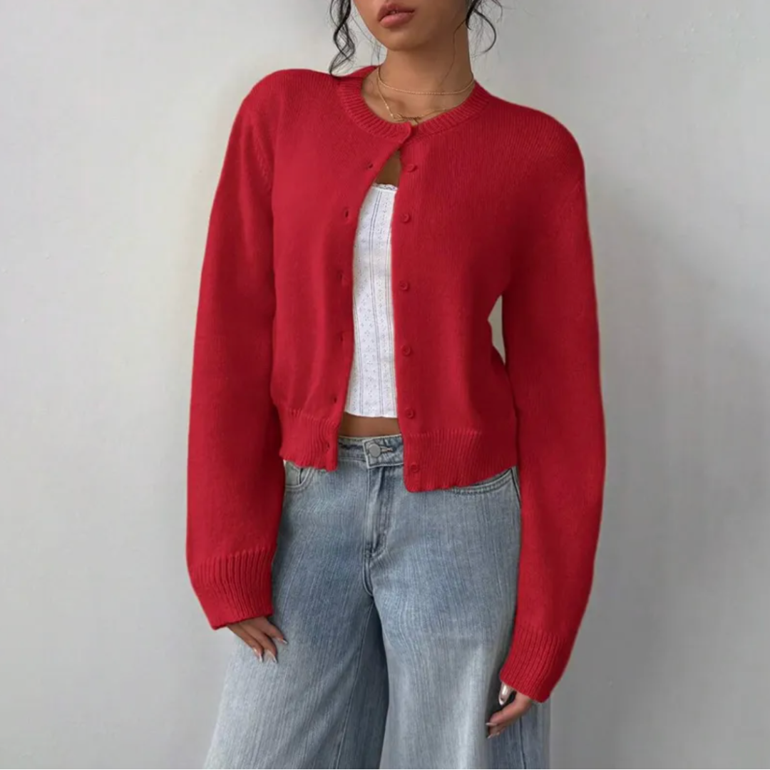 Women's Cropped Knit Cardigan with Ribbed Trim | Button Up