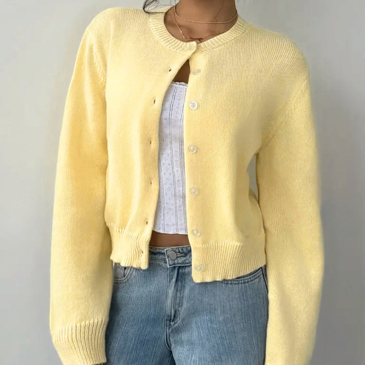 Women's Cropped Knit Cardigan with Ribbed Trim | Button Up