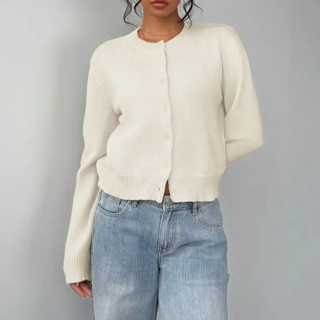 Women's Cropped Knit Cardigan with Ribbed Trim | Button Up