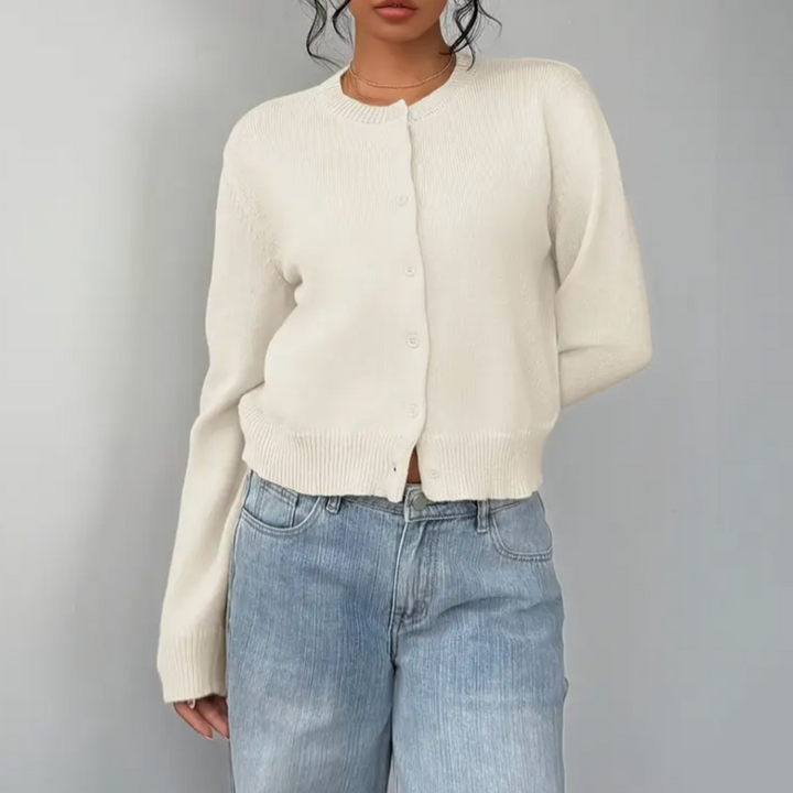 Women's Cropped Knit Cardigan with Ribbed Trim | Button Up