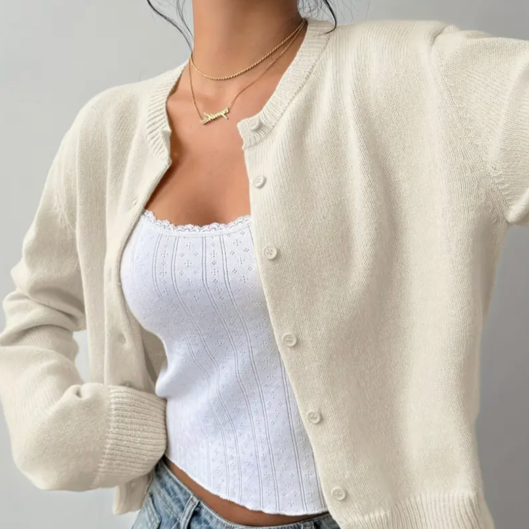 Women's Cropped Knit Cardigan with Ribbed Trim | Button Up