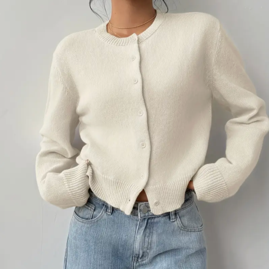 Women's Cropped Knit Cardigan with Ribbed Trim | Button Up