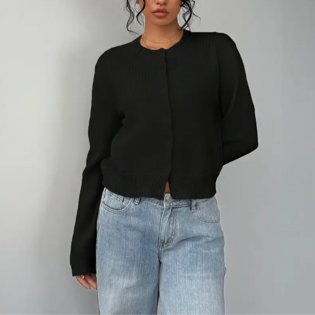 Women's Cropped Knit Cardigan with Ribbed Trim | Button Up