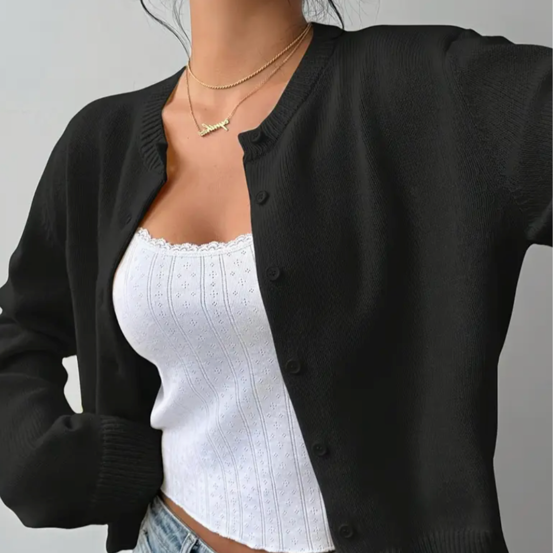 Women's Cropped Knit Cardigan with Ribbed Trim | Button Up