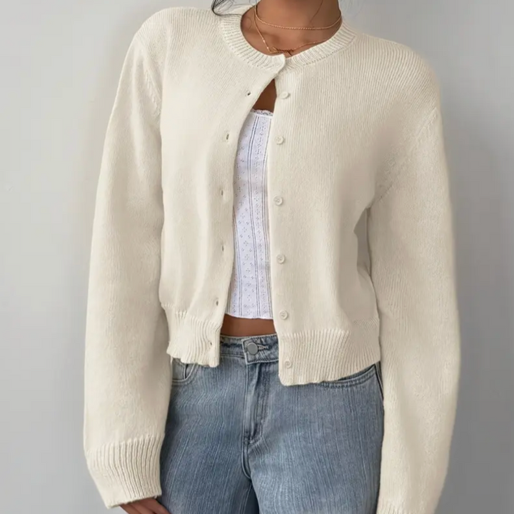 Women's Cropped Knit Cardigan with Ribbed Trim | Button Up