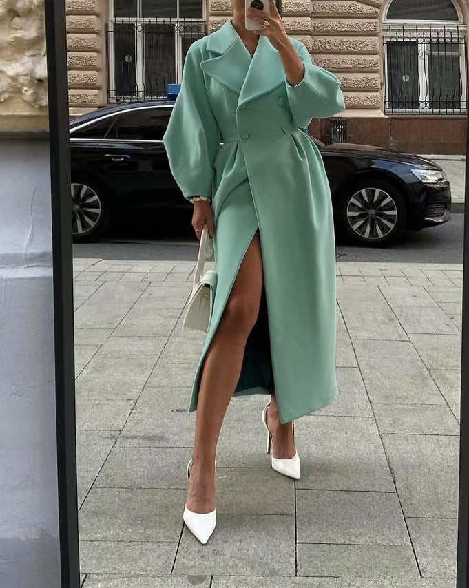 Women's Double-Breasted Trench Coat with Balloon Sleeves | Maxi Long