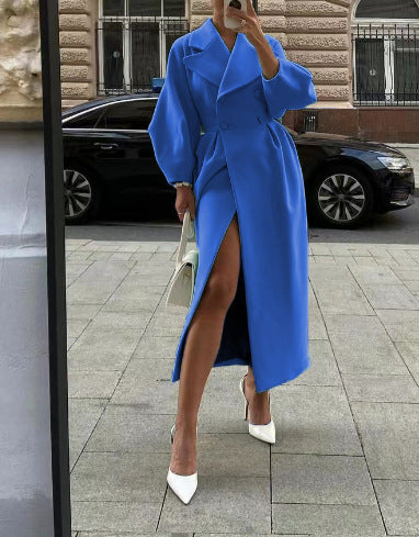 Women's Double-Breasted Trench Coat with Balloon Sleeves | Maxi Long