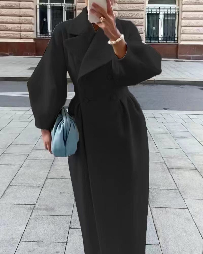 Women's Double-Breasted Trench Coat with Balloon Sleeves | Maxi Long