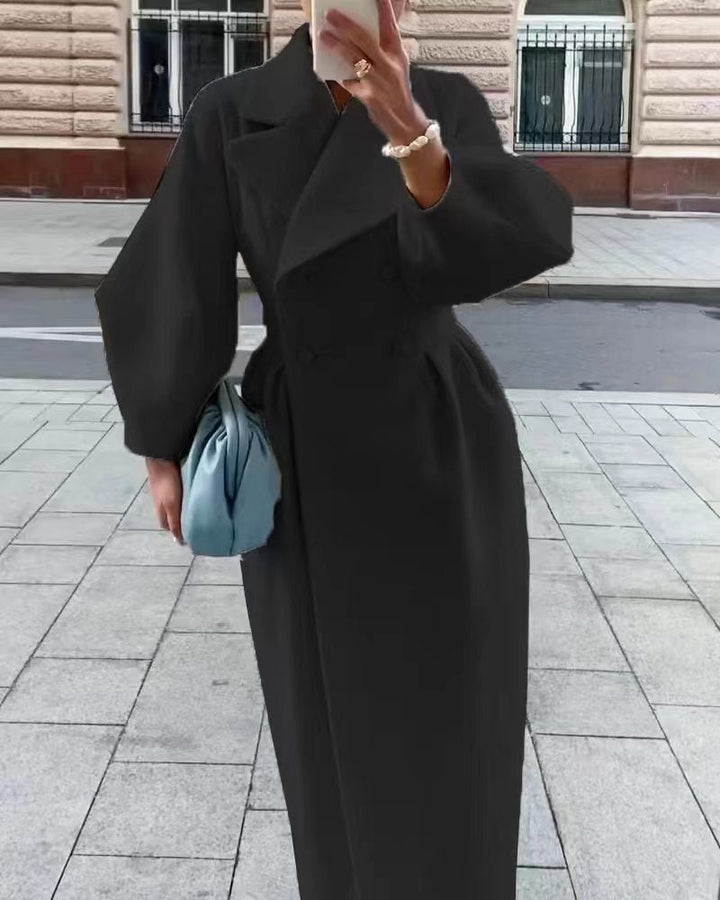 Women's Double-Breasted Trench Coat with Balloon Sleeves | Maxi Long