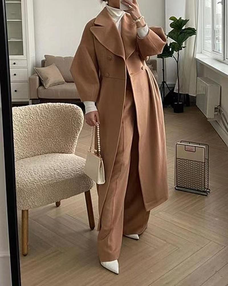 Women's Double-Breasted Trench Coat with Balloon Sleeves | Maxi Long