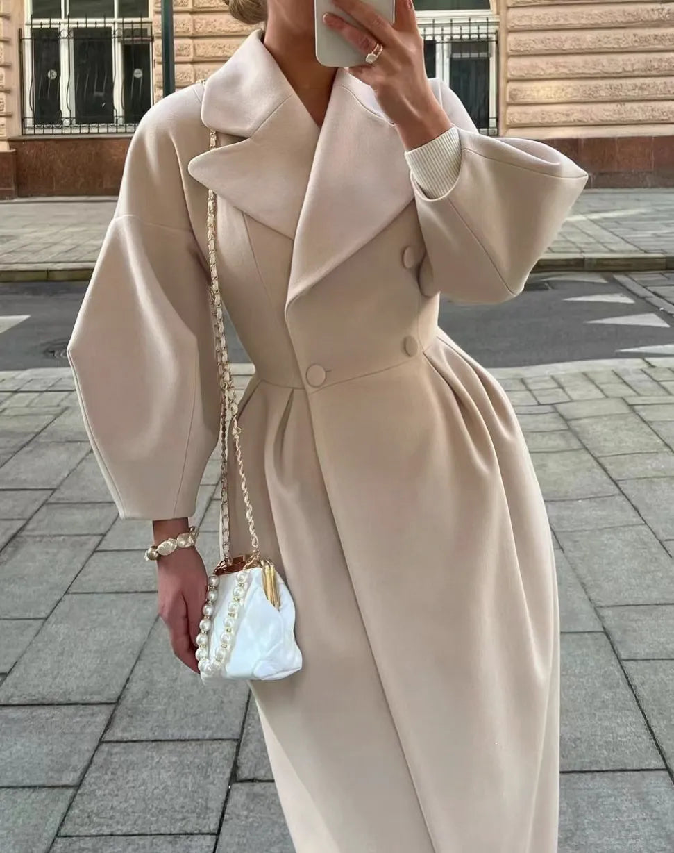 Women's Double-Breasted Trench Coat with Balloon Sleeves | Maxi Long